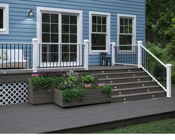 Blue house with white deck railing