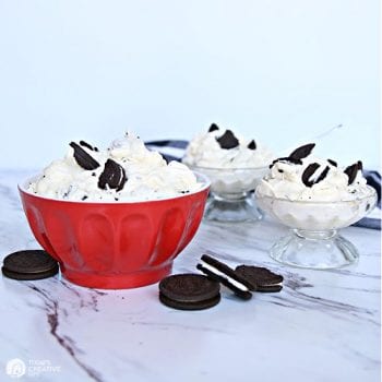 Red bowl with oreo fluff dessert