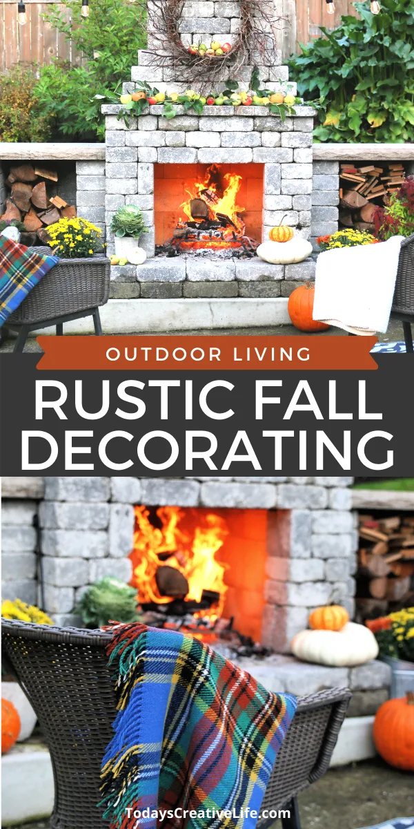 photo collage outdoor fireplace decorated for fall 