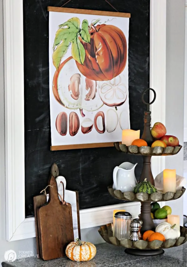 Kitchen Counter and chalk board decorated for fall with botanical printable.