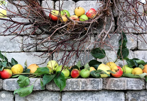 Apples and branches arranged on an outdoor fireplace mantel.