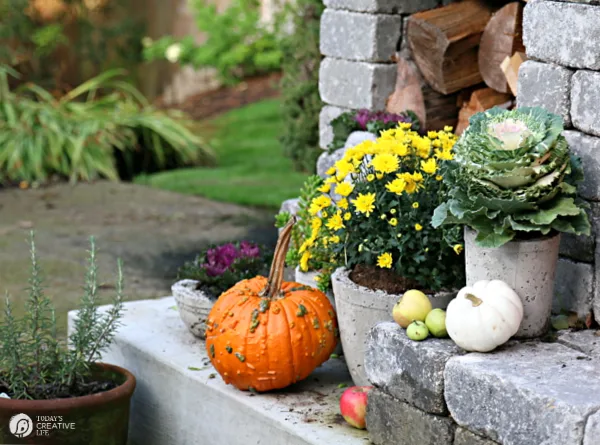 Decorating Ideas for Fall with pumpkins and mums on a fireplace hearth outside. 