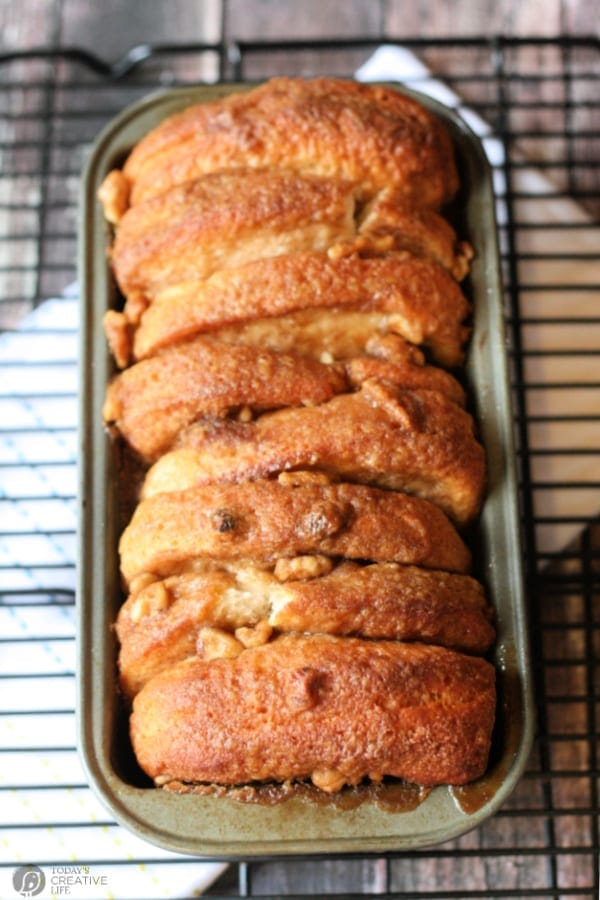 Loaf of Pull apart cinnamon pecan bread. 