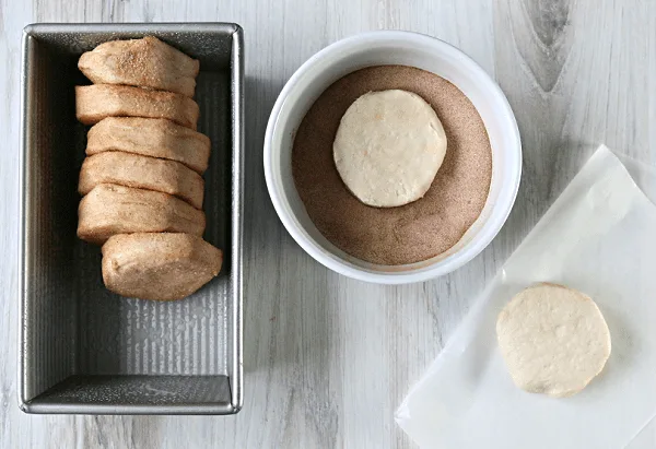 monkey bread ingredients | biscuits, cinnamon and a bread pan