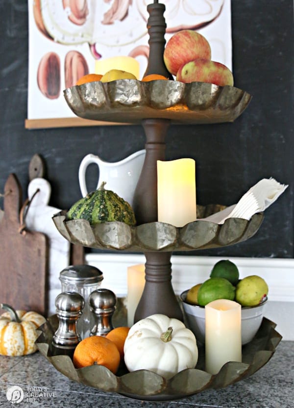 3 tiered stacking metal tray decorated for Fall