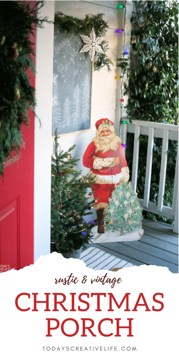 Porch Decorating ideas for Christmas | Photo collage of a decorated Christmas porch with a vintage santa