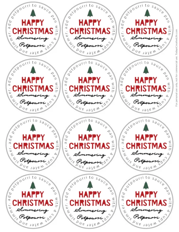 a sheet of round gift labels with stovetop potpourri