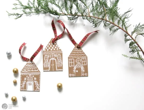 DIY Christmas Ornaments that look like Gingerbread Houses.