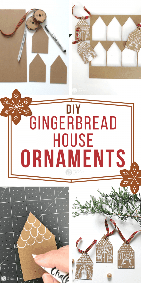 Photo Collage of DIY Christmas Ornaments that look like gingerbread house cutouts. 