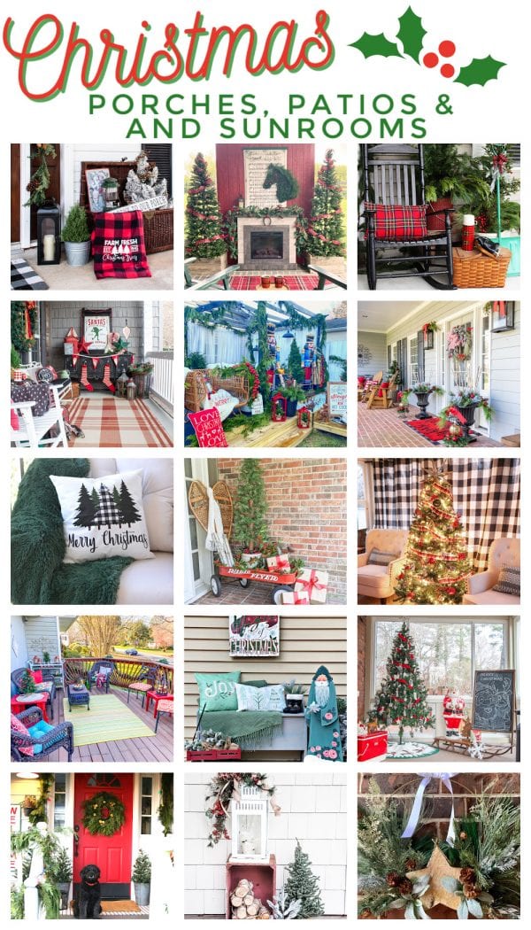 photo collage of holiday porch decorating.