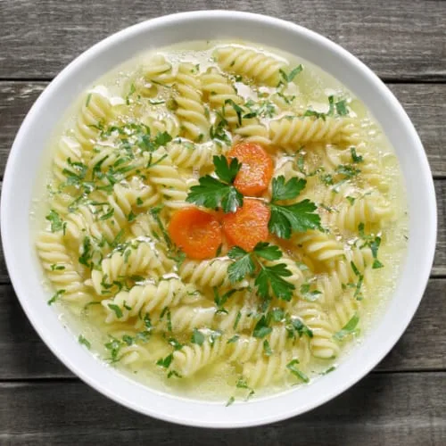 a bowl of homemade chicken noodle soup.