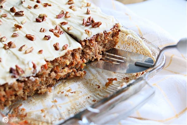 Sheet cake carrot cake in a baking pan.