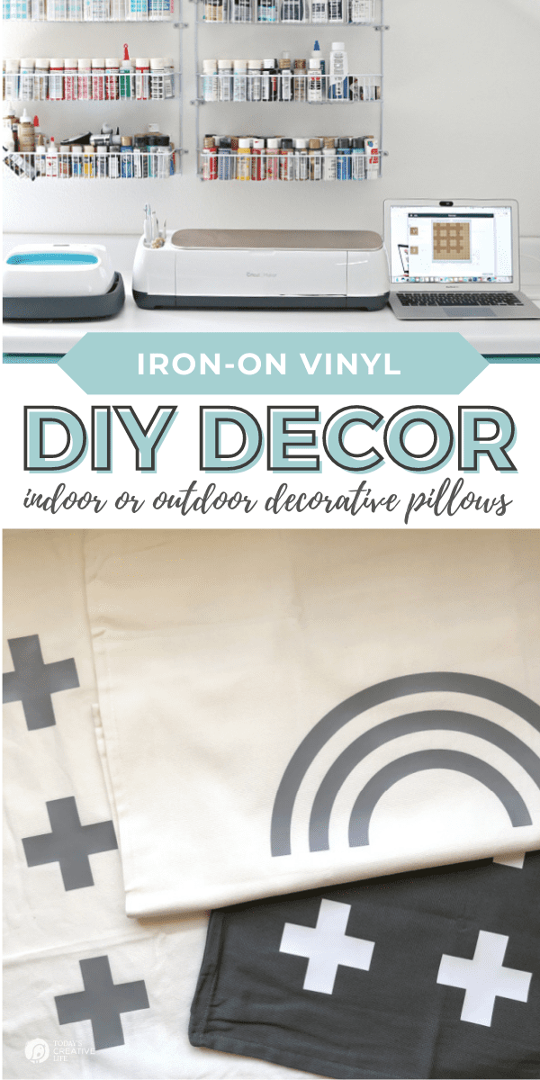 DIY Patio Ideas on a Budget with Cricut Maker Iron-on Vinyl for making pillow covers. 