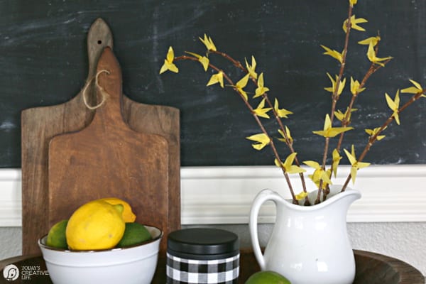 Faux Forsythia Branches in a kitchen setting