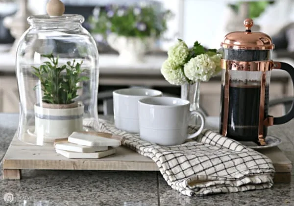 Decorated Wood Tray with Coffee cups, plants and coffee french press