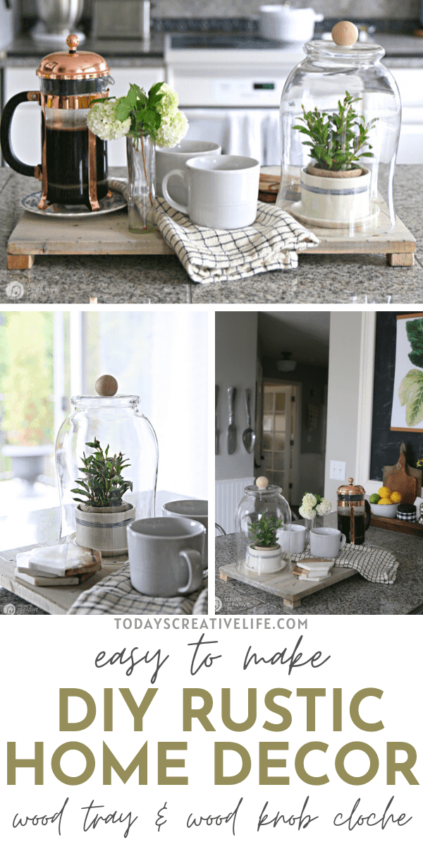 DIY Rustic Decor | Photo Collage of a wood tray with wood feet styled with a cloche and coffee items