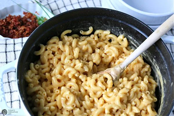 A pot of creamy stovetop mac and cheese.