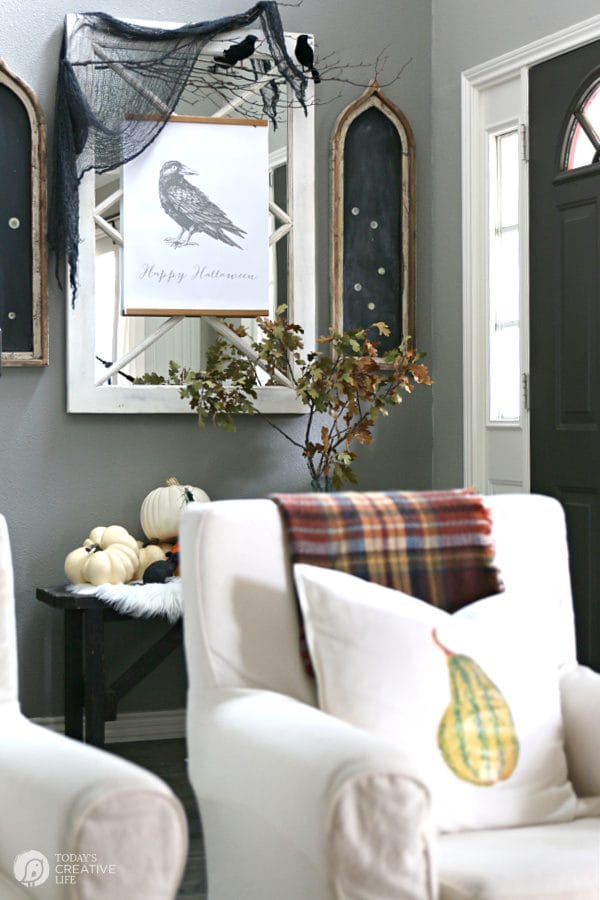 Halloween Decor using a DIY crow poster. 