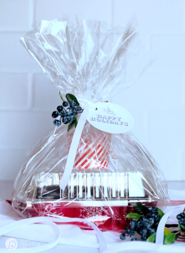 Recipe for Frozen Blueberries | Blueberry bubble bread in a red foil baking pan, wrapped with cellophane and gift tag.