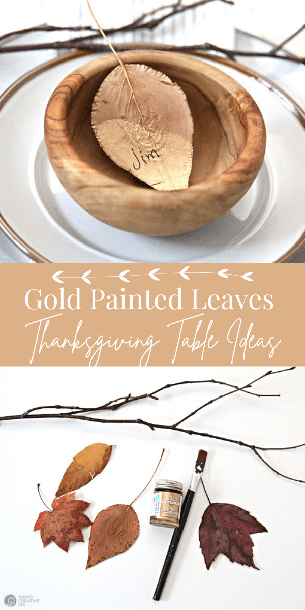Gold painted Fall Leaves used in a thanksgiving table setting. 
