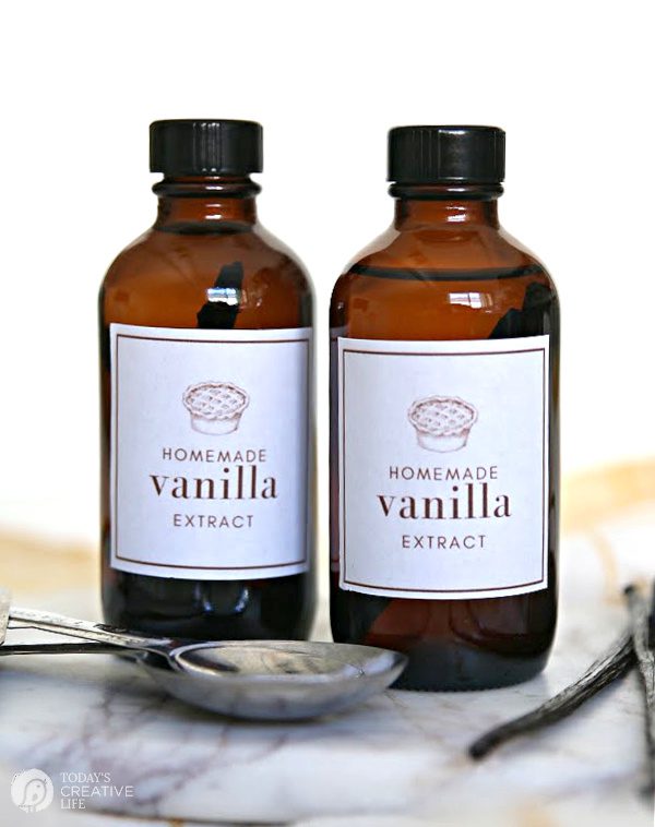 Two brown bottles of homemade vanilla