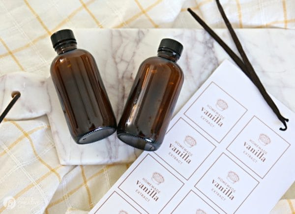 Homemade Vanilla Supplies: brown bottles, labels, vanilla beans