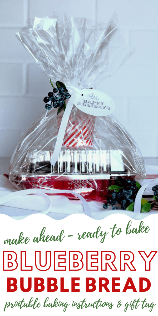 Recipe for Frozen Blueberries | Wrapped gift of Blueberry Bubble Bread wrapped in cellophane for easy holiday gift. 