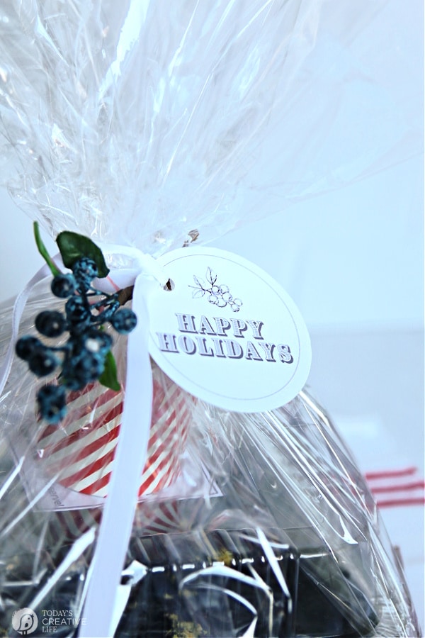 Wrapped gift in cellophane with a printable gift tag