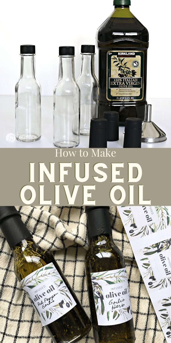 photo collage | How to infuse olive oil supplies. Bottles, olive oil bottle and filled