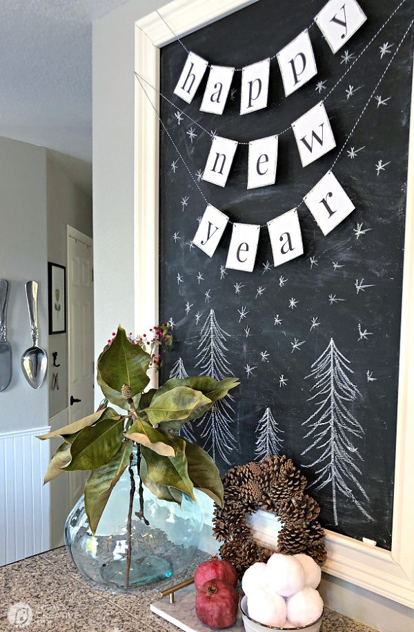 NYE printable banner decorations in a kitchen
