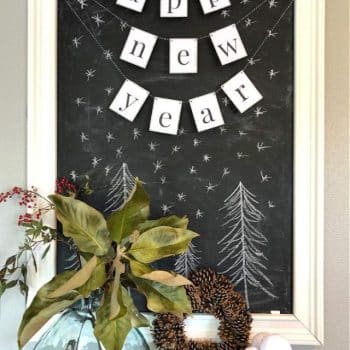 Printable Happy New Year Banner hung on black chalkboard