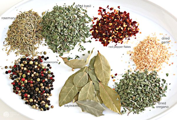 Dried herbs and spices for making infused olive oil