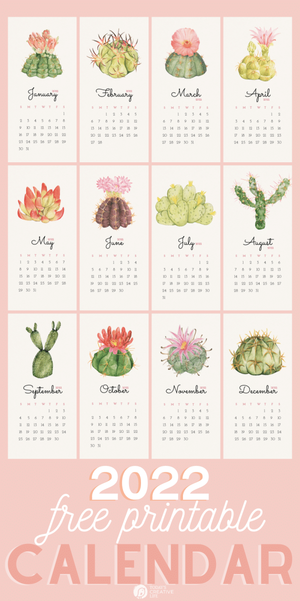 Collage of a printable calendar 2022 with cactus designs