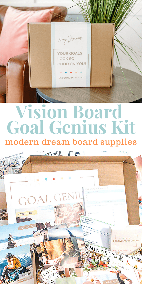 Photo collage of a Vision Board Kit in a decorative box. Photo of box contents with affirmation cards, and images for vision board ideas