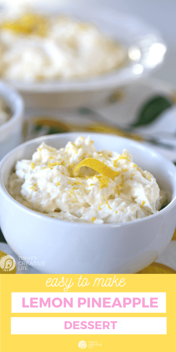 photo college | Fluff recipe with Lemon and Pineapple in two white bowls garnished with a lemon twist. 