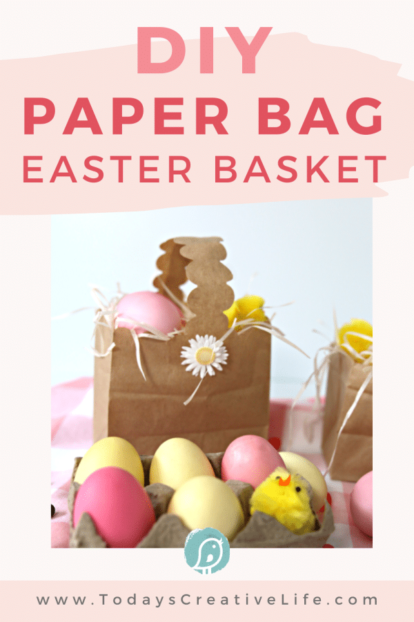 DIY Easter Basket made from a paper lunch sack. Colorful Easter eggs and decor