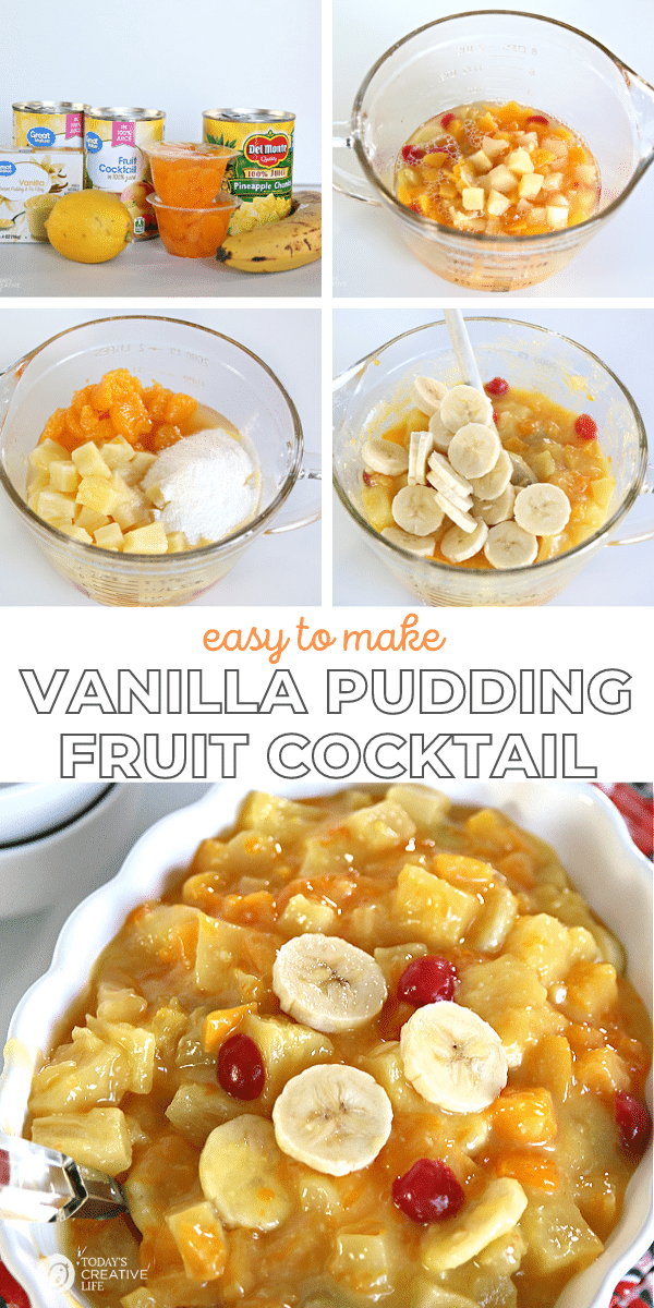 photo collage| Vanilla pudding Fruit Cocktail Salad Recipe. Ingredients displayed with finished salad in a white bowl.