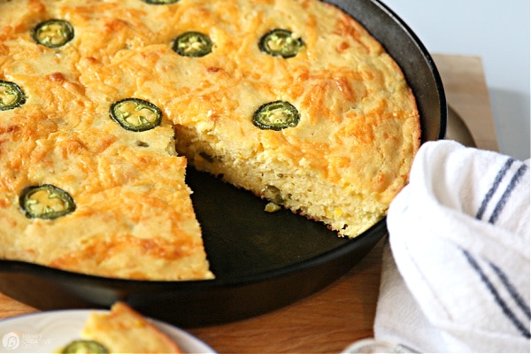 Cornbread with Jalapenos baked in a cast iron skillet.