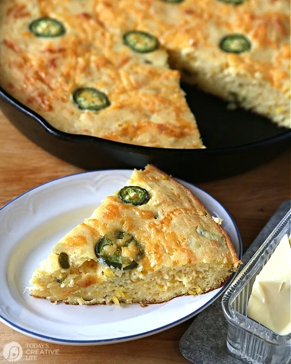 Recipe Jalapeno Cornbread sliced in a triangle