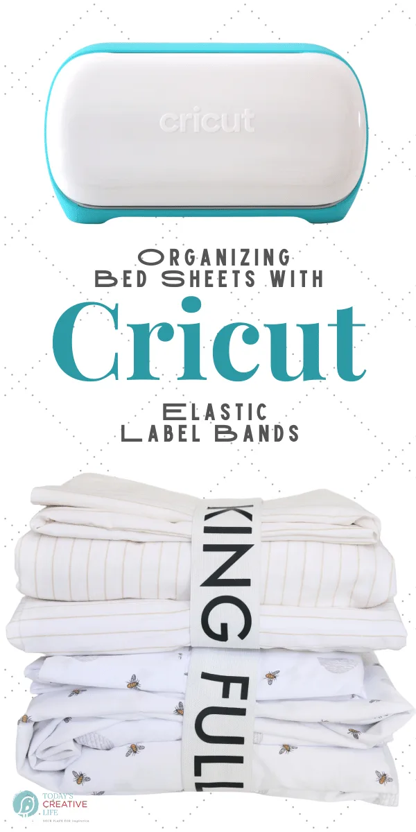 Linen Closet Organizing | Cricut Joy Machine with stacked Sheets with an elastic sizing label.