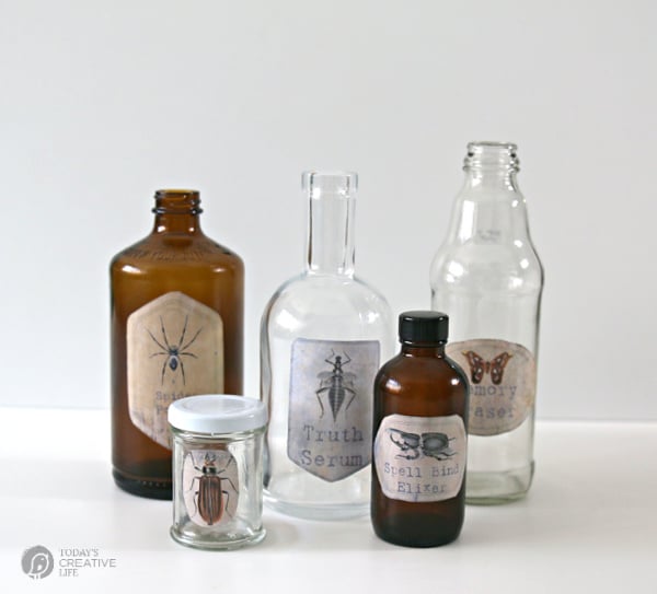 5 Halloween Apothecary Jars with labels