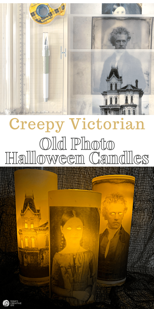 photo collage of DIY Scary Halloween Decorations | Candles with spooky photos on them.