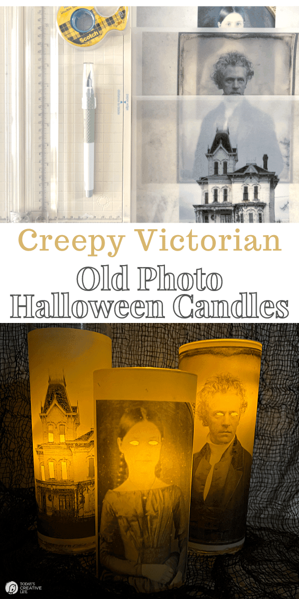 photo collage of DIY Scary Halloween Decorations | Candles with spooky photos on them.