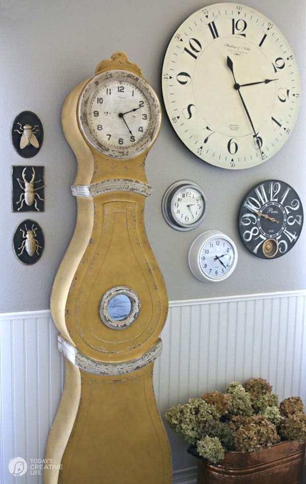 Decorated wall with tall yellow Swedish Clock with wall clocks and bug taxidermy