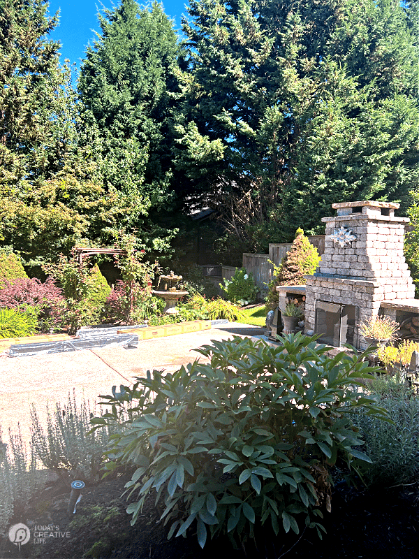 Side yard view with fireplace