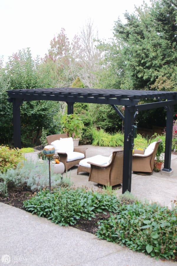 Backyard view with black pergola | pergola kits for backyard building.