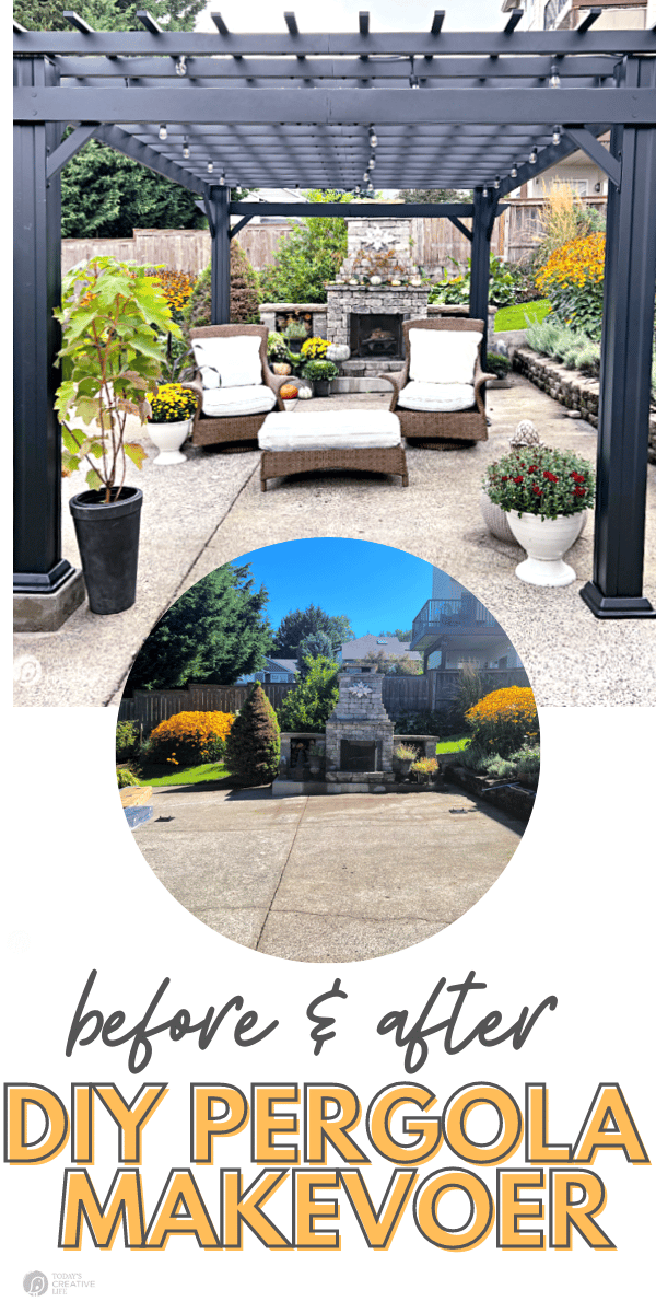photo collage | Pergola Kits | black pergola in a backyard with light colored patio furniture.