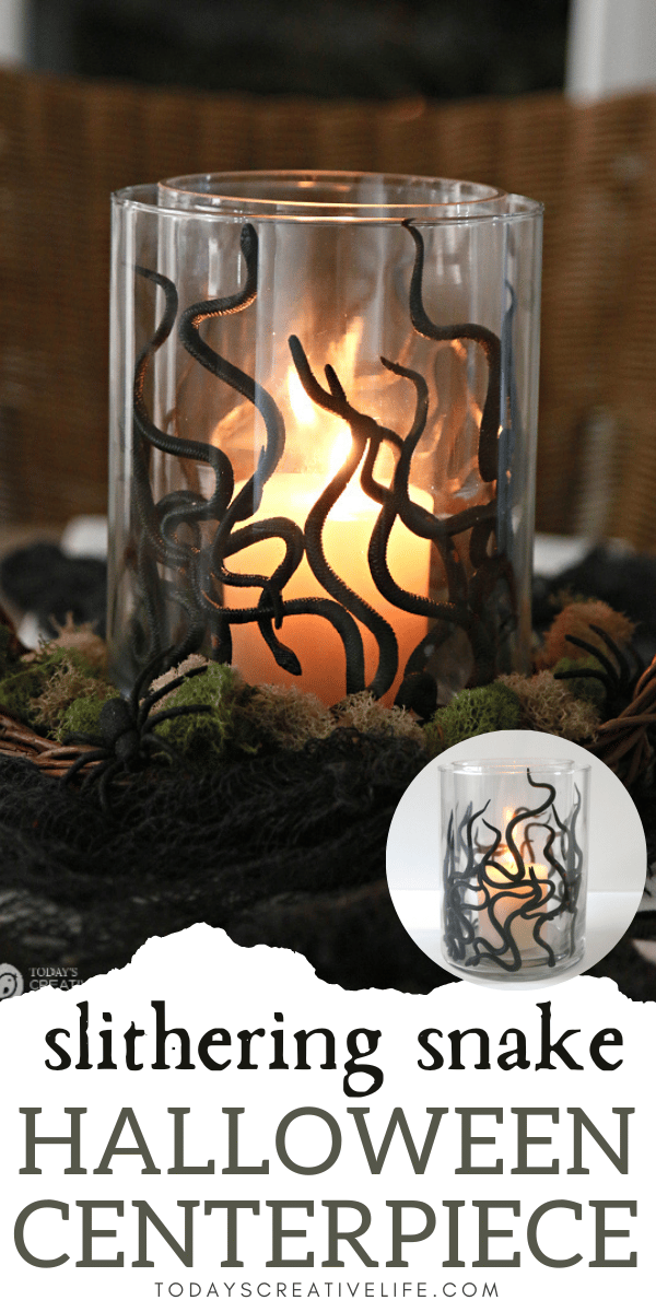 DIY Halloween Centerpiece using vases, black plastic snakes and a candle