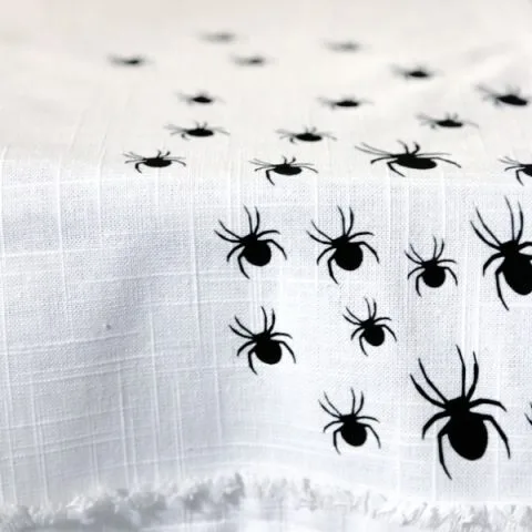 White table cloth with black vinyl spiders