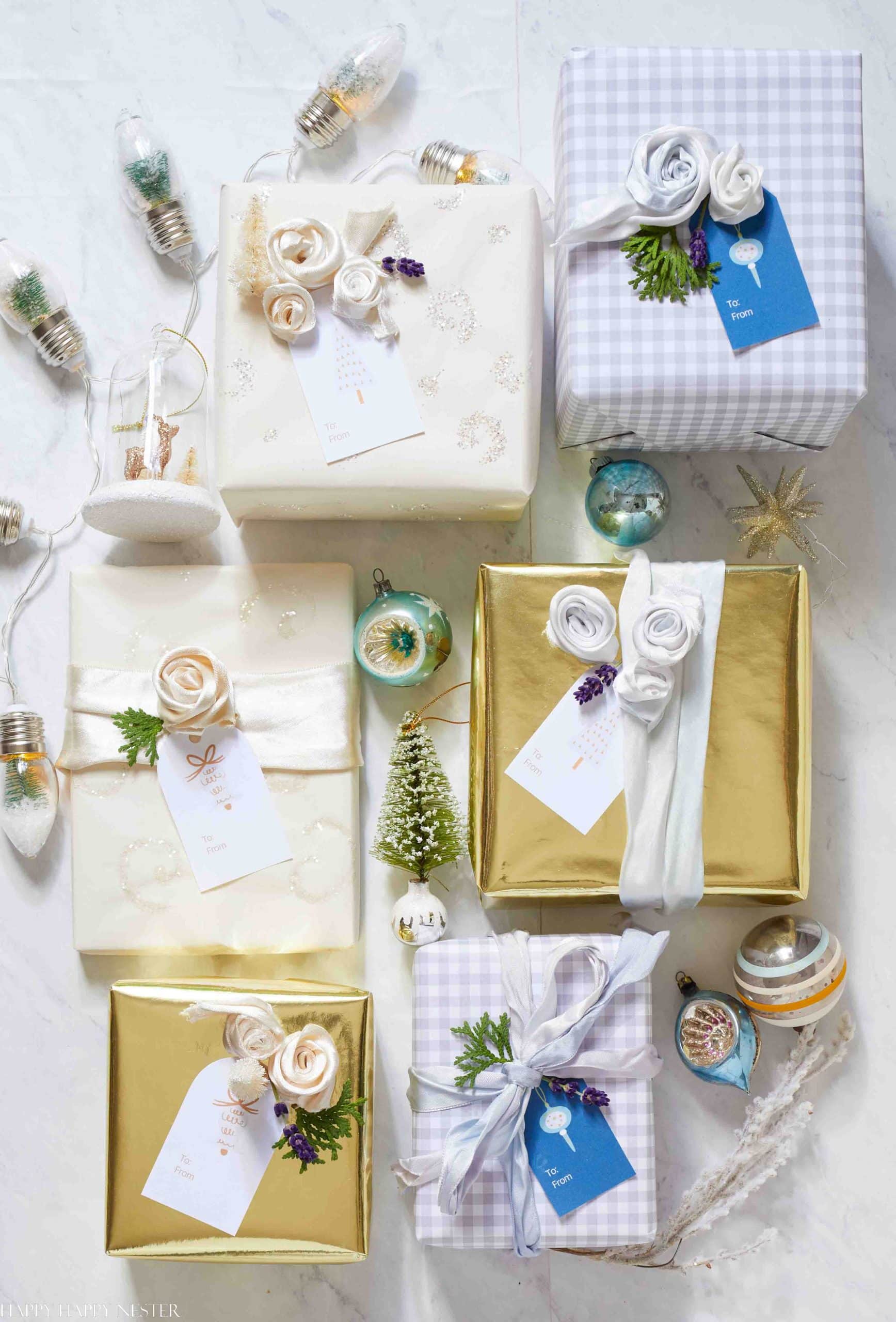 Small wrapped gifts with printable gift tags